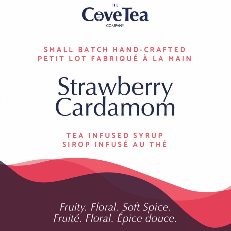 Label for Strawberry Cardamom Tea-Infused Artisan Syrup by the Cove Tea Company — St Albert, Alberta, Canada