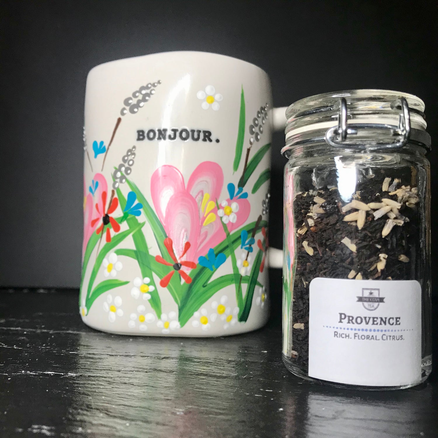 Hand-painted Bonjour Rae Dunn Tea Mug | The Cove Tea Company | Spruce Grove AB Canada