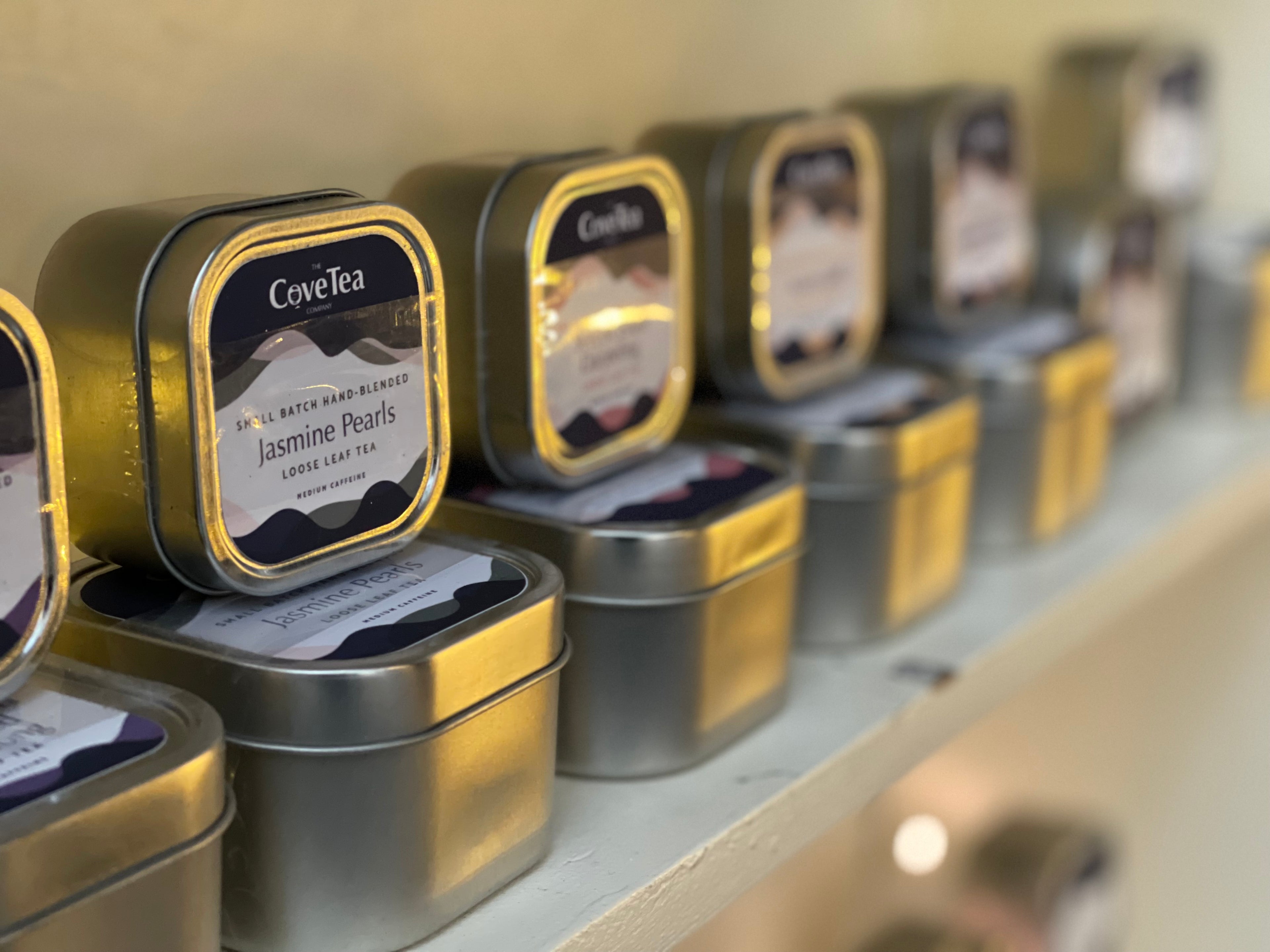 Silver Tins with a selection of Cove Tea’s loose leaf collection