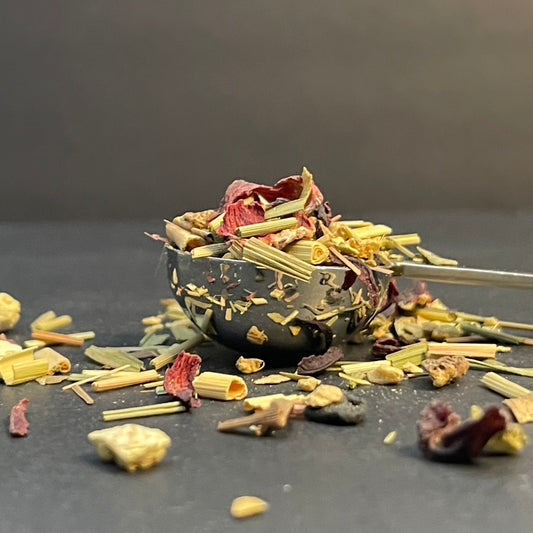 Gingersnap Lemondrop tea leaves in silver spoon