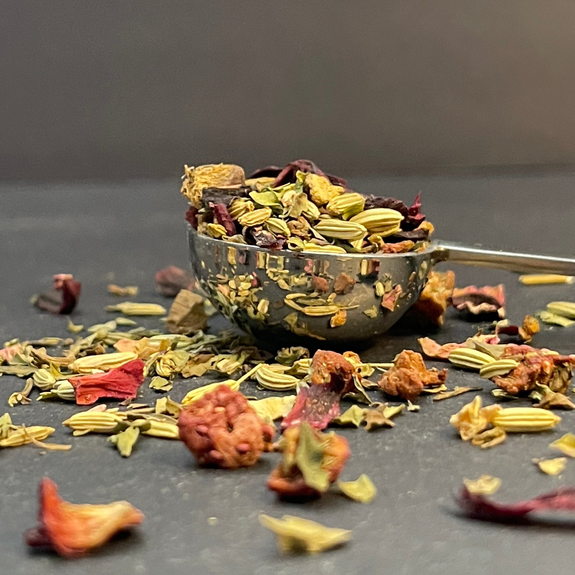 Moonlit Serenade tea leaves in a silver spoon 