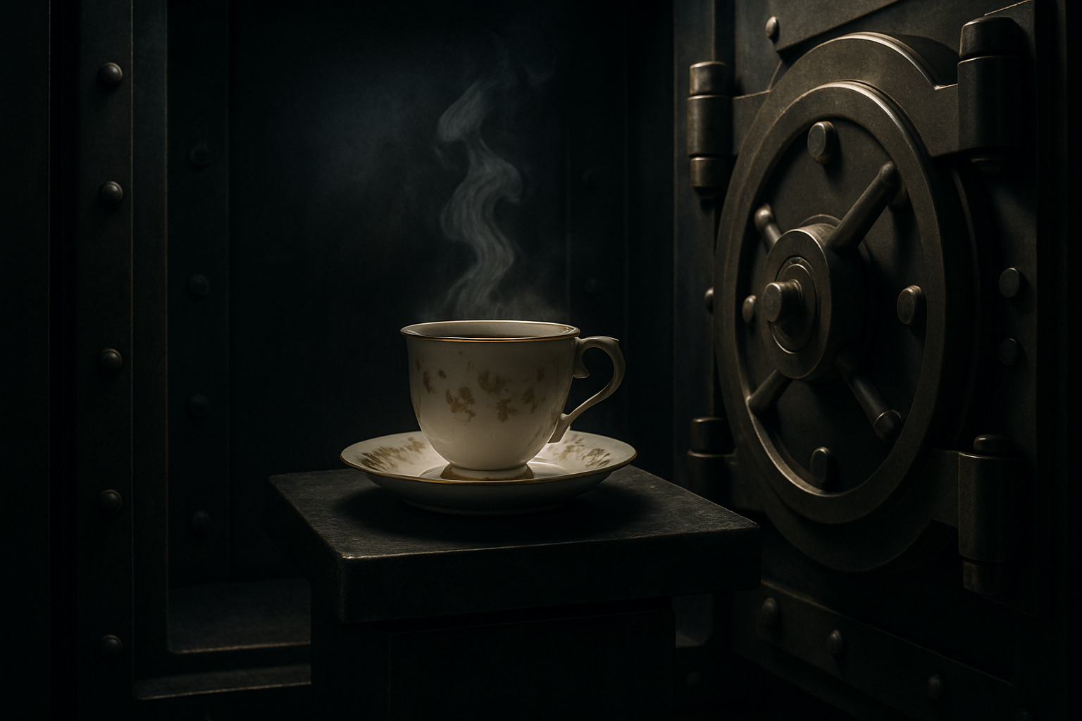 a cup of tea sitting along inside a bank vault