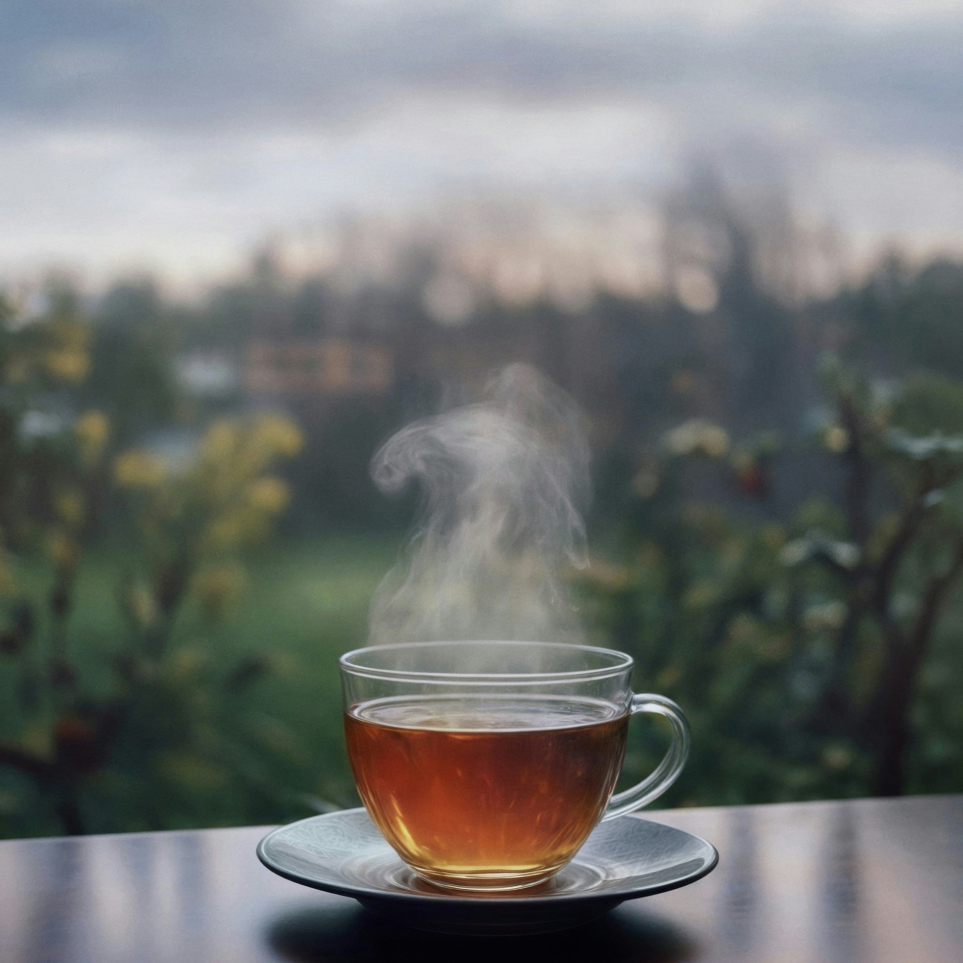 Steaming cup of tea on a saucer with a blurred outdoor background | Cove Tea Co