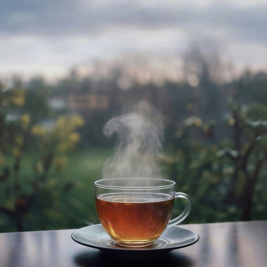 Steaming cup of tea on a saucer with a blurred outdoor background | Cove Tea Co